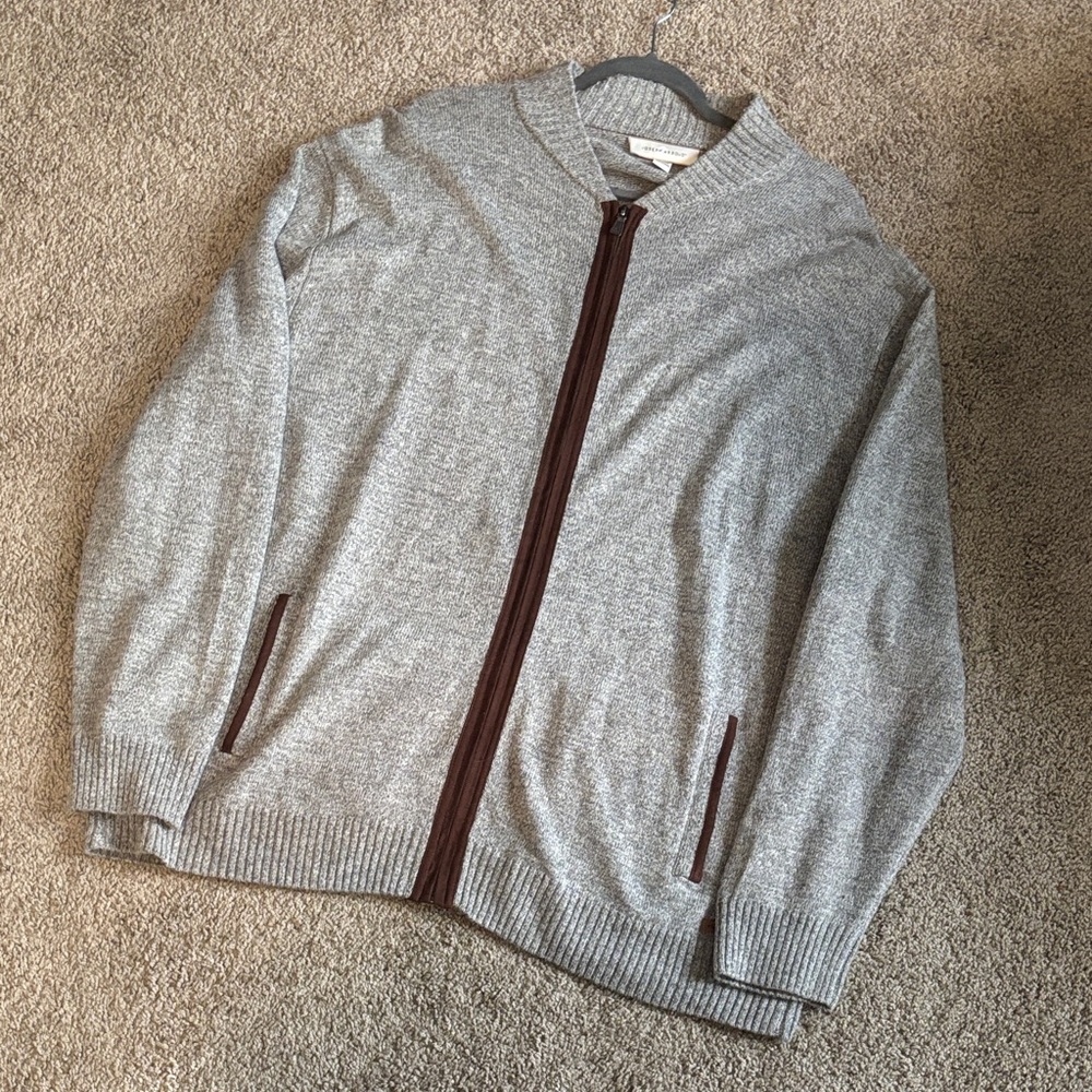 Joseph Abboud Men’s Gray/Brown Zip-Up Sweater with Brown Trim, 2XLT